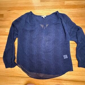 Joie Navy 100% Silk Blouse Large | Sheer Snakeskin‎ Print Long Sleeve Top